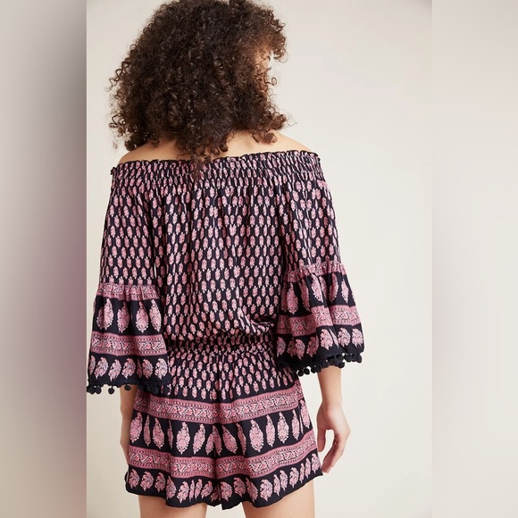 Anthropologie Raga Off-Shoulder Romper Green Pink Boho Pom-Pom Trim Size Small - Picture 4 of 15